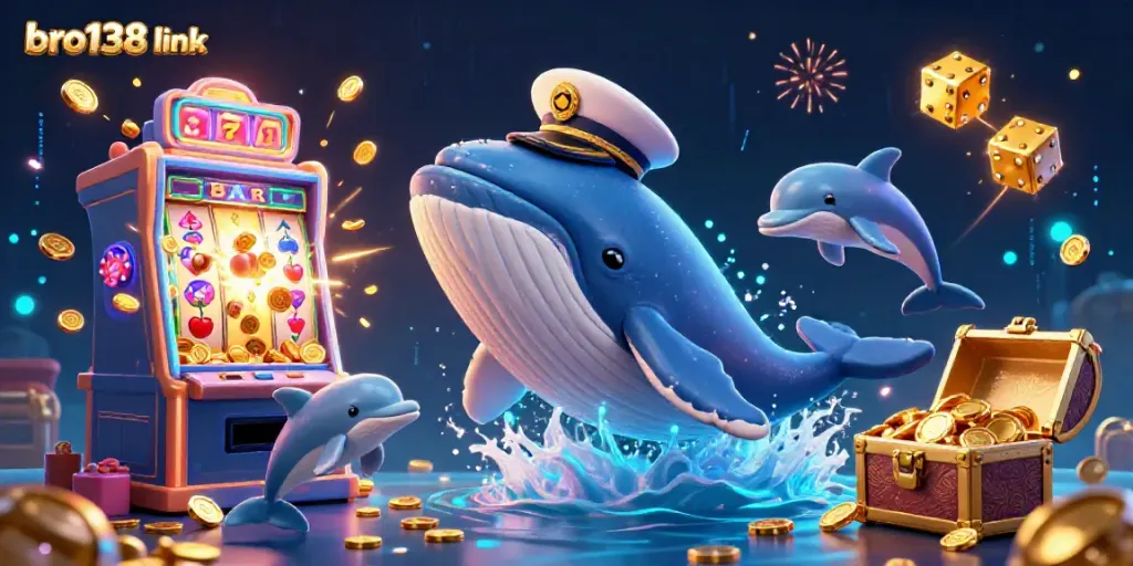 Experience thrilling moments with the bro138 link as a whale and playful dolphins join the casino fun.
