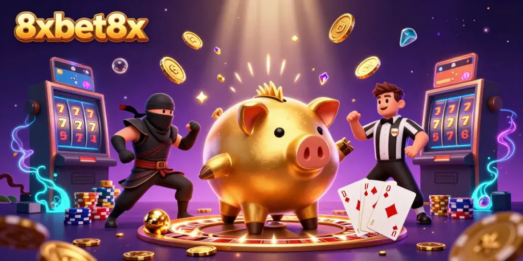 Experience the thrill of 8xbet8x with vibrant characters and casino action, showcasing gambling excitement.