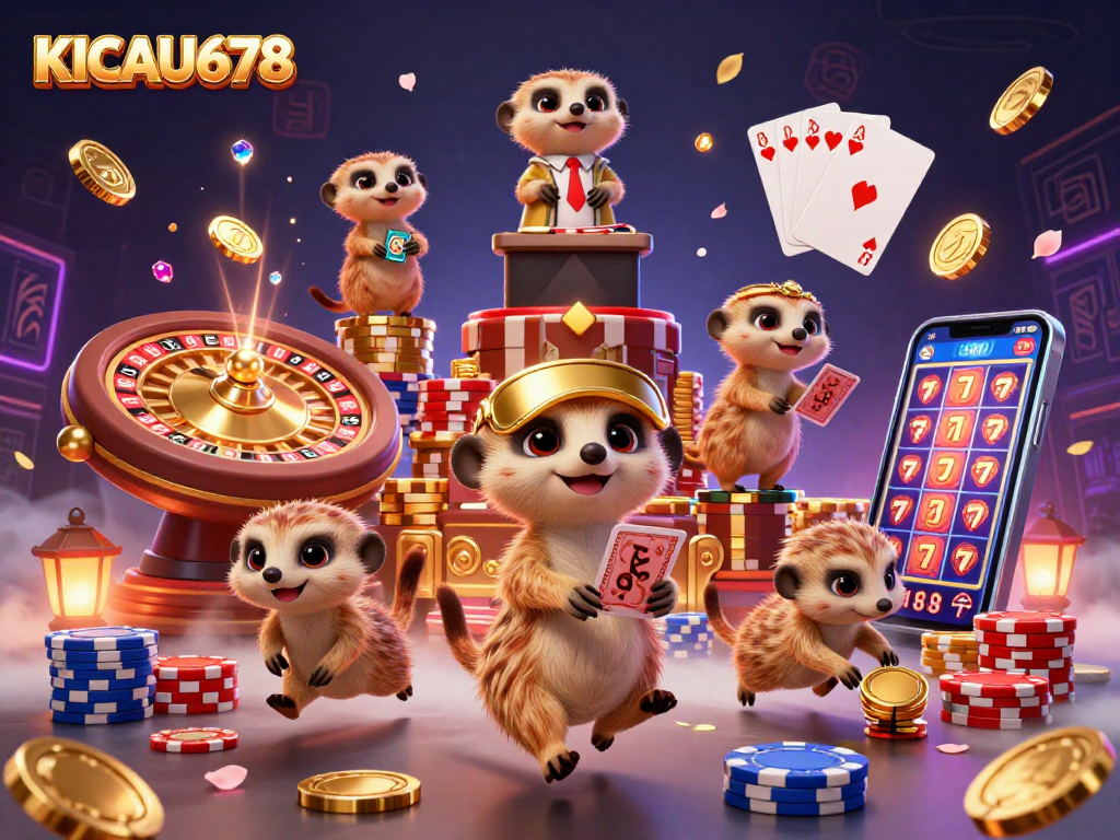 KICAU678's lively cartoon meerkat casino scene features interactive games and vibrant details.