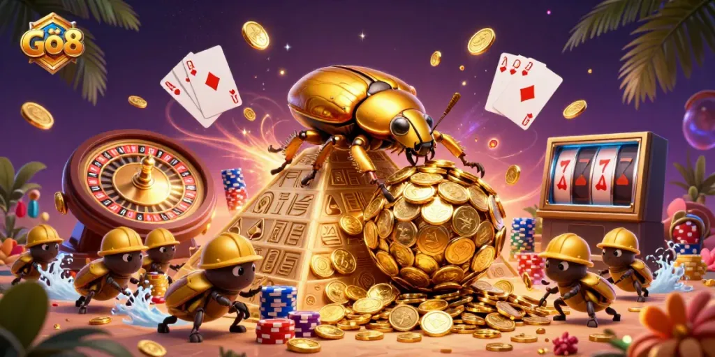 Experience the thrill of Gô8 with a dynamic 3D scene of golden coins and casino elements.