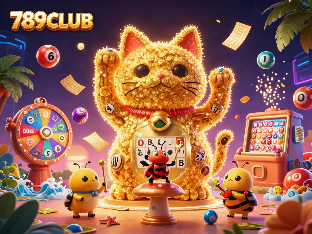 Experience the excitement of 789CLUB with a vibrant illustration of a lucky cat and casino elements.