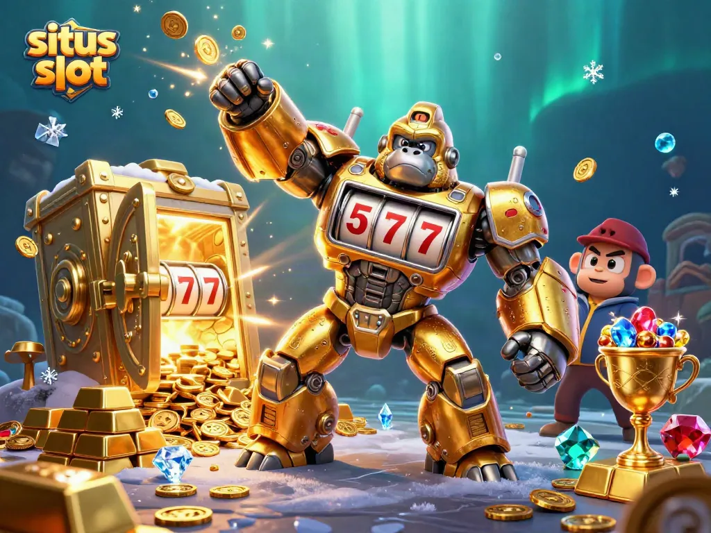 Menangkan jackpot di situs slot dengan ilustrasi gorilla emas bertema slot.