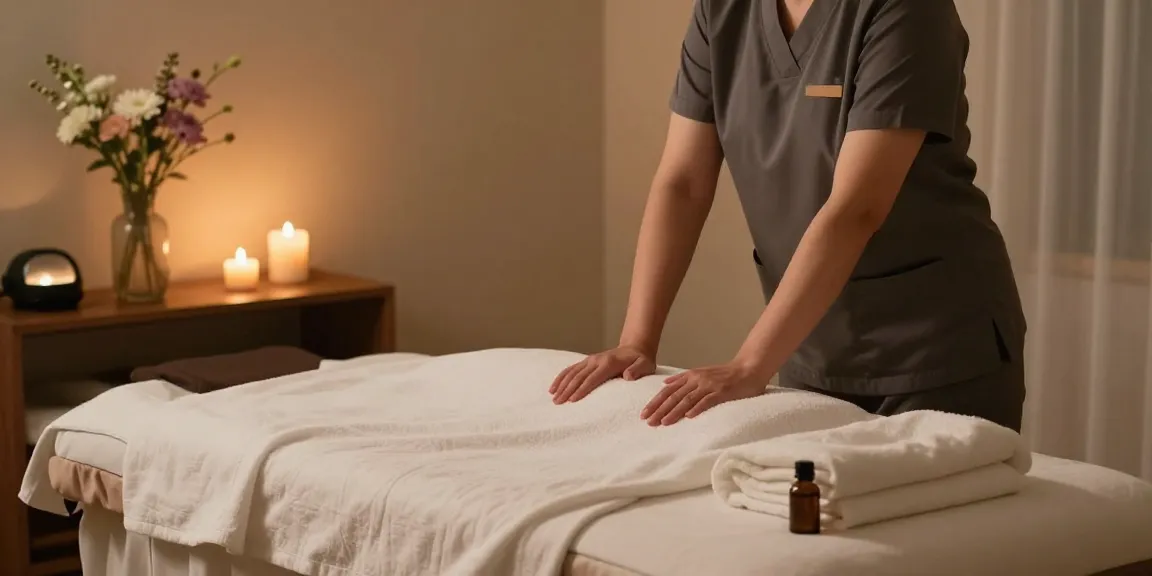 Tranquil massage therapy room prepared for 일산출장마사지 with candles and soothing decor.