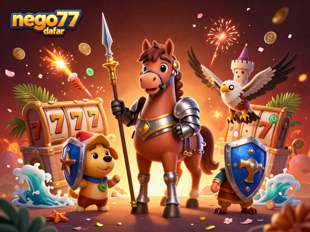 Join the excitement with nego77 daftar and explore thrilling slot adventures in this vibrant illustration.