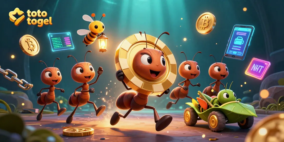Ants execute a heist in the vibrant toto togel scene with golden poker chip and crypto elements.