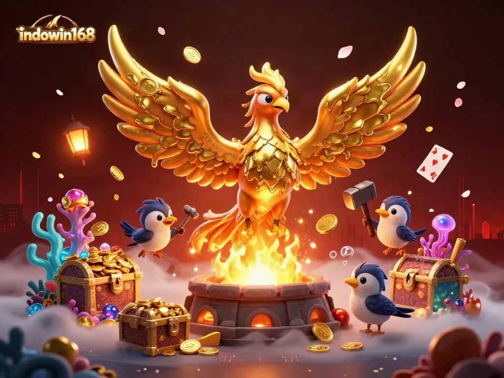 Experience thrilling wins with indowin168 in an energetic casino scene featuring a phoenix and gold treasures.