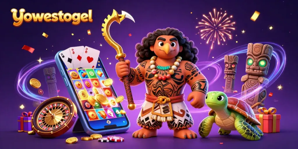 Experience the thrill of yowestogel with a vivid 3D cartoon casino scene filled with slot games, confetti, and adventure.