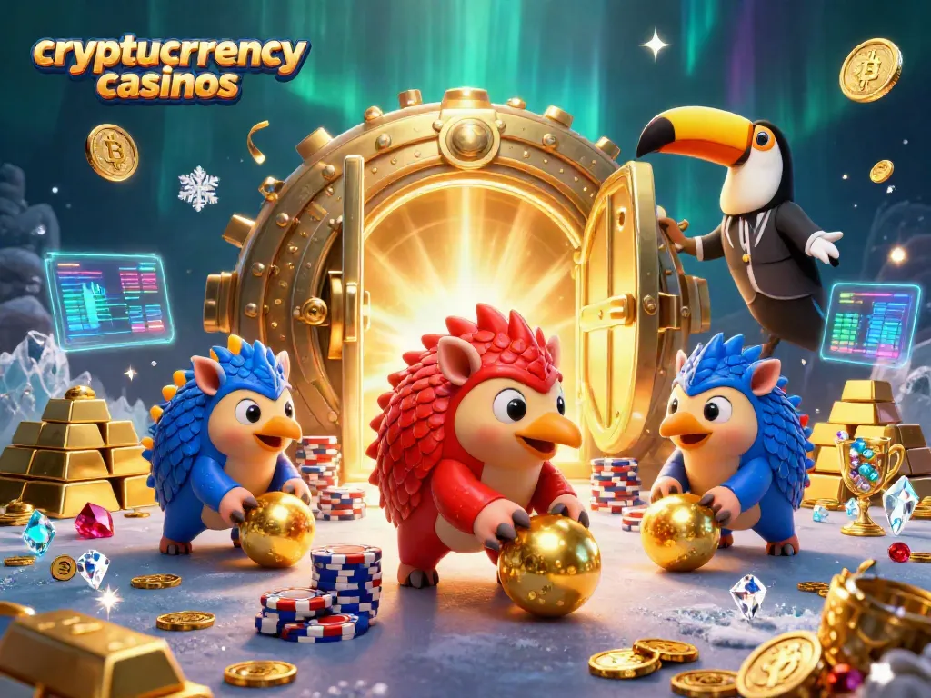 Exciting scene of cryptocurrency casinos with rival pangolins bowling through poker chips, showcasing festive gaming elements.