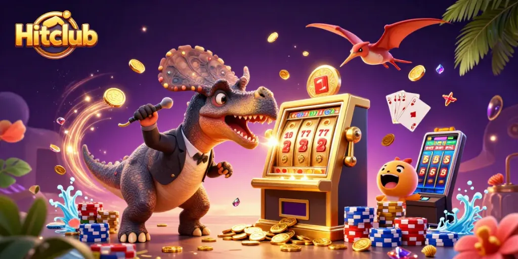Hitclub features a thrilling scene with a pachycephalosaurus hitting a slot machine for jackpot coins.