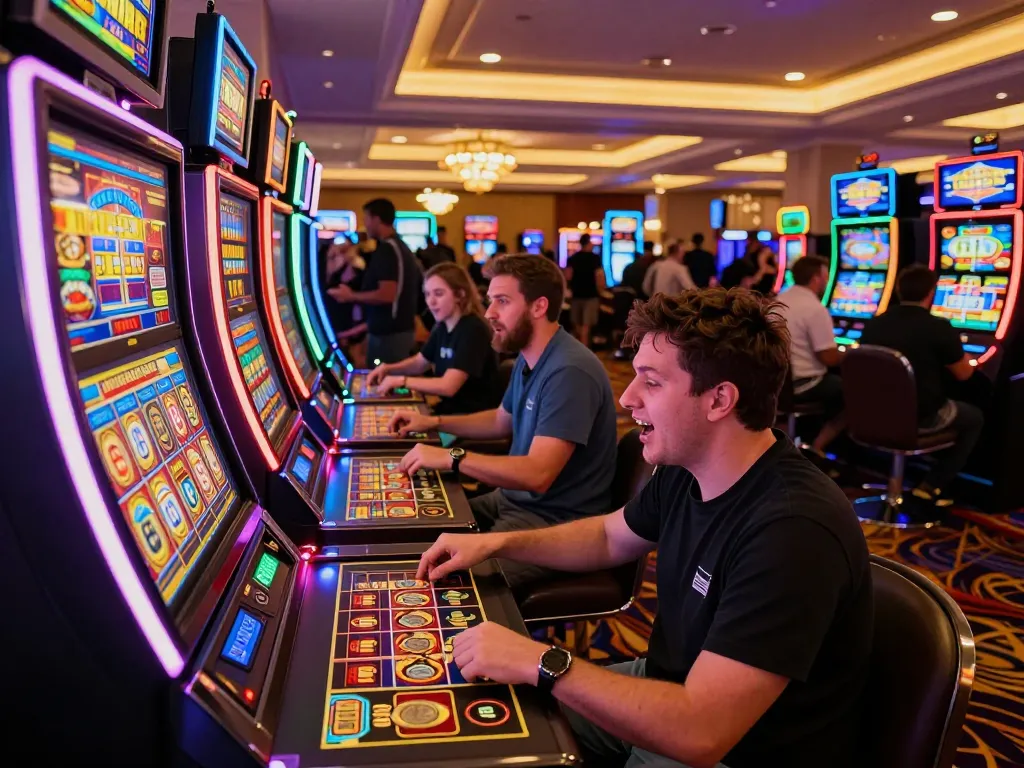 Engaging players spinning Slot x1000 on vibrant neon-lit machines during a thrilling casino experience