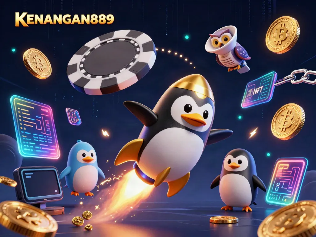 KENANGAN889 features an adventurous golden penguin exploring a casino-themed universe filled with dazzling crypto elements.