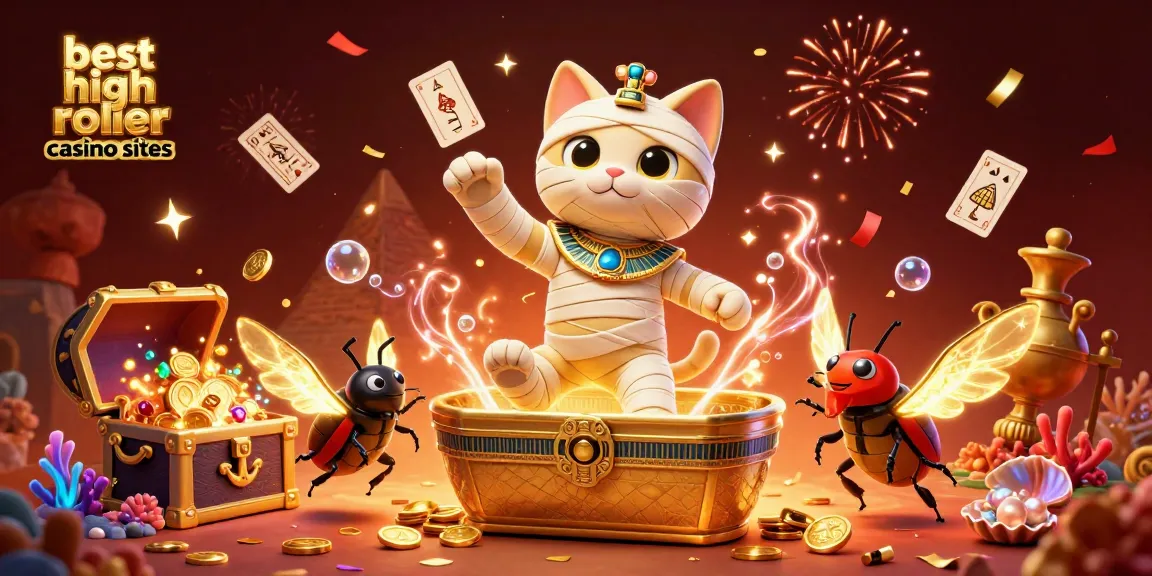 Explore the best high roller casino sites with a vibrant 3D illustration of a mummy cat, casino games, and treasures.