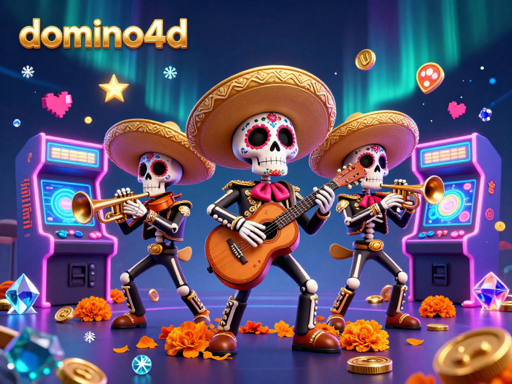 Mengalami keseruan domino4d dengan band mariachi tengkorak yang meriah dikelilingi oleh permainan arcade dalam suasana kasino.