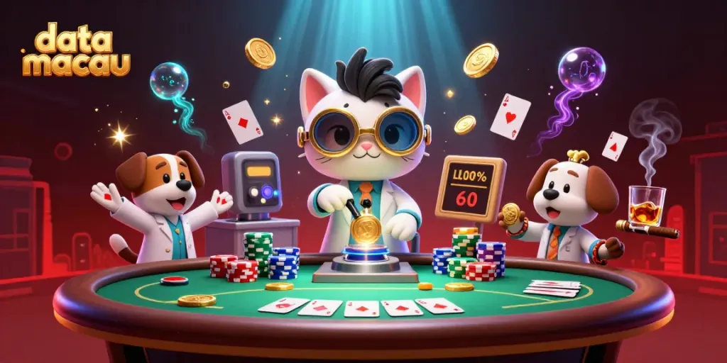 Engage with Data Macau's vibrant gaming scene, showcasing a cartoon mad scientist and dog in a casino.