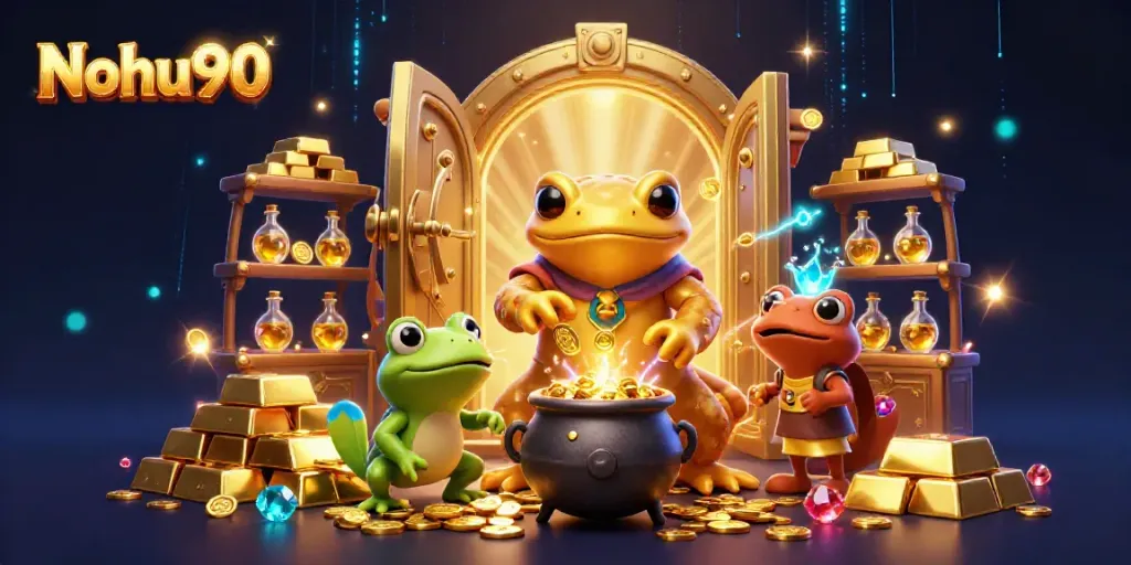 Experience Nohu90's magical winnings as golden alchemists create treasures in a 3D casino.