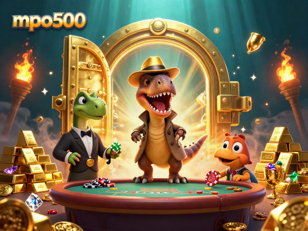 Penghitungan kartu velociraptor mpo500 di meja blackjack sambil curi keripik, dikelilingi harta karun.
