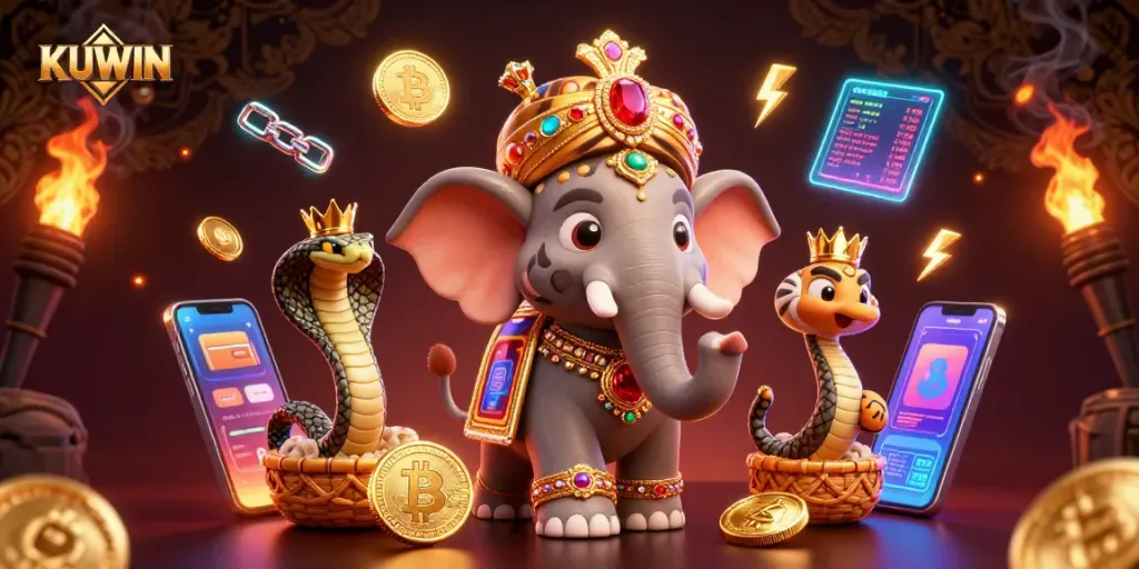 Engage with KUWIN's vibrant casino world featuring a majestic maharaja and digital coins.