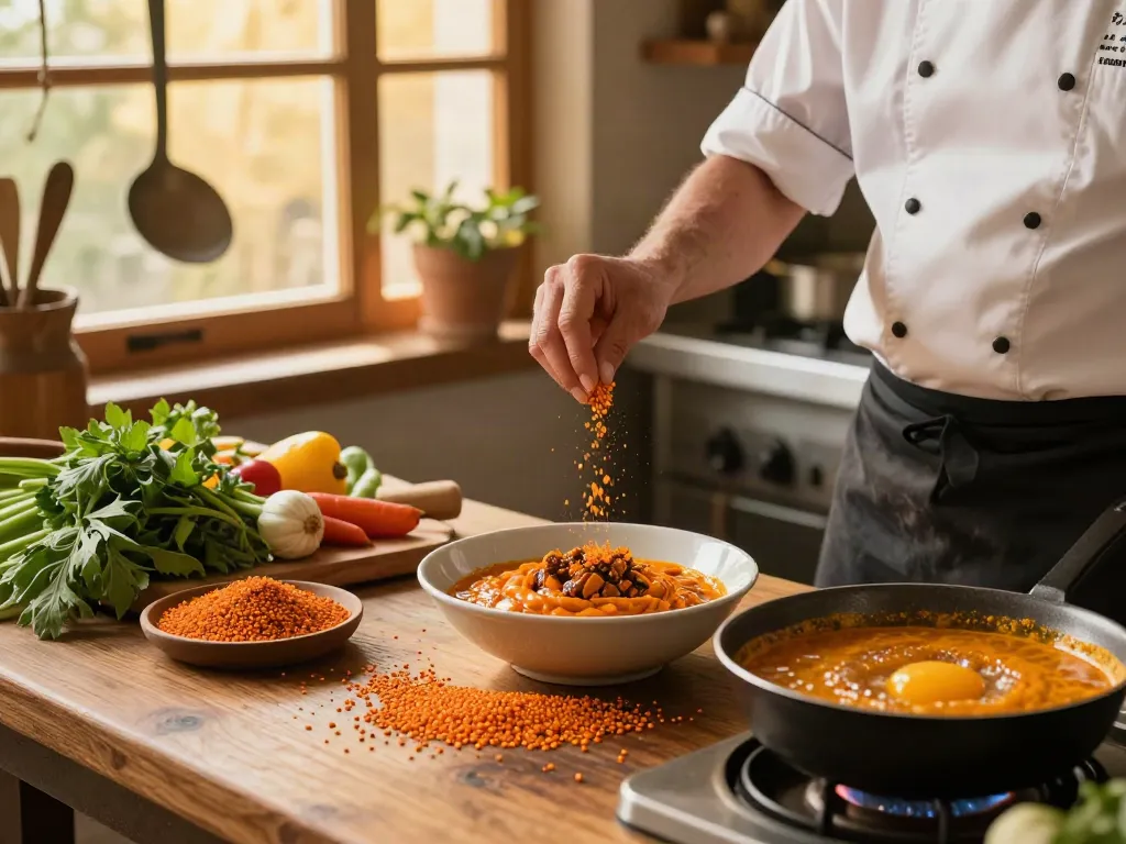 Eksplorasi annatto dalam hidangan berwarna cerah di dapur yang hangat.