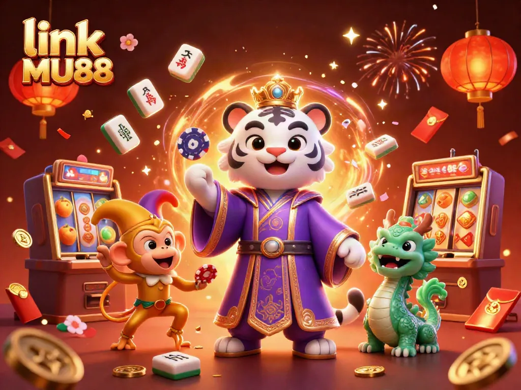 Experience excitement with link MU88 in this vibrant 3D casino illustration featuring a tiger, monkey, and floating game elements.