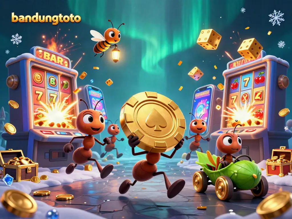 Engage in thrilling heists with bandungtoto, as animated ants steal giant poker chips amidst a jackpot explosion of treasures.