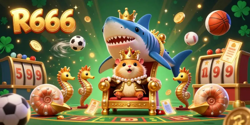 Betting on R666 with a golden hamster king presiding over fierce seahorse guards in a vibrant casino.