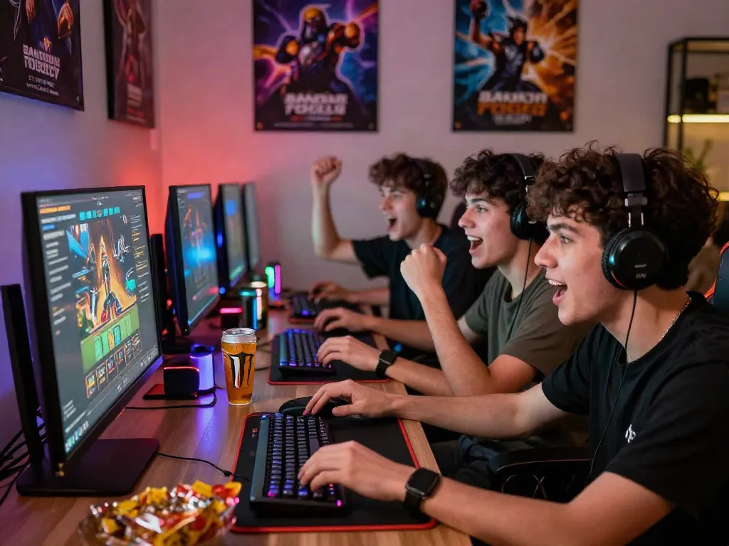 Group of friends enjoying Bandar Togel gaming session with excitement and snacks.