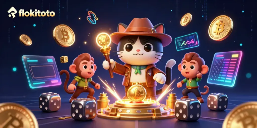 Uncover the golden casino artifact at flokitoto with a cartoon cat and monkey in a thrilling adventure.