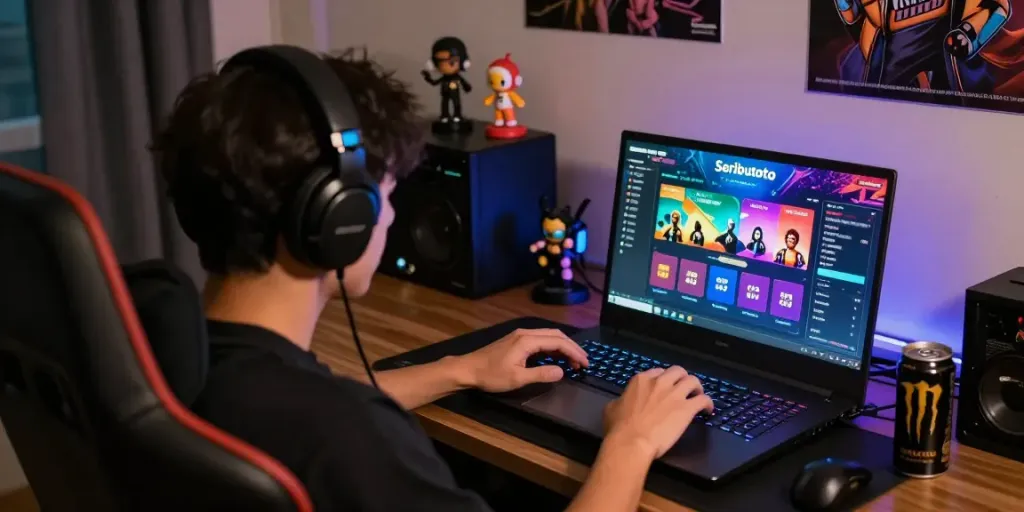 Pengguna Seributoto terfokus pada platform taruhan online di laptop dengan aksesoris gaming lengkap.