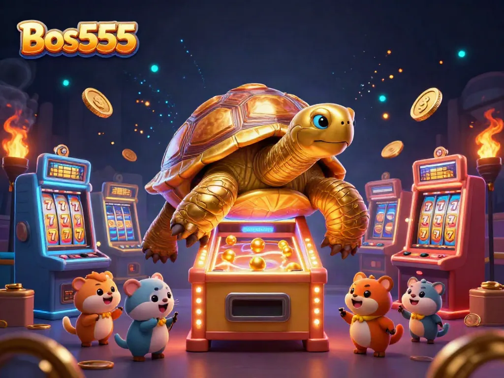 Permainan slot online Bos555 dengan karakter kura-kura emas dan mesin slot yang bersinar.