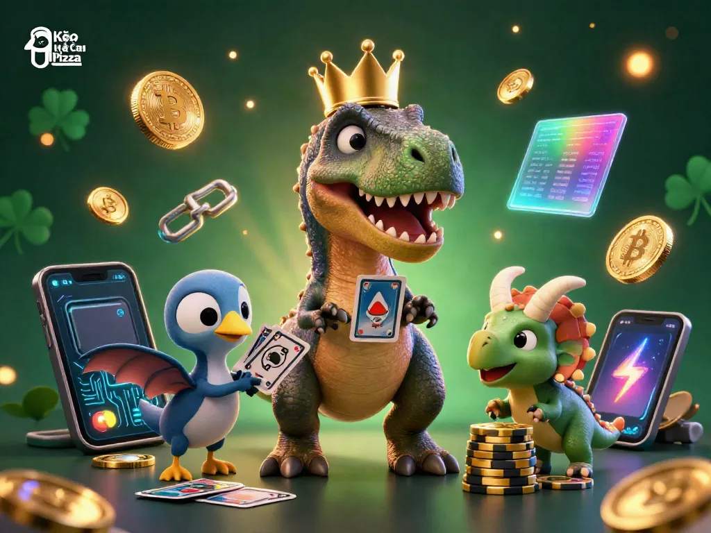 Kèo Nhà Cái Pizza features a T-Rex shuffling cards, creating excitement in a vibrant gambling scene.