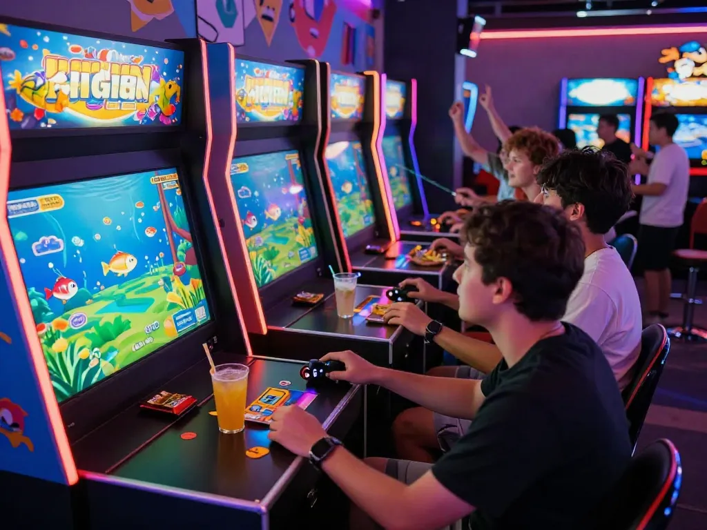 Engaging players enjoying lại là Bắn cá đổi thưởng in a vibrant gaming arcade.