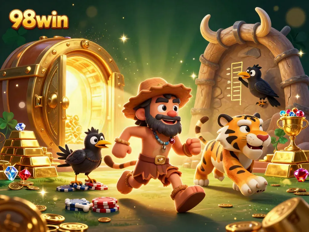 Engage with 98win's thrilling prehistoric casino adventure featuring vibrant characters and gold treasures.