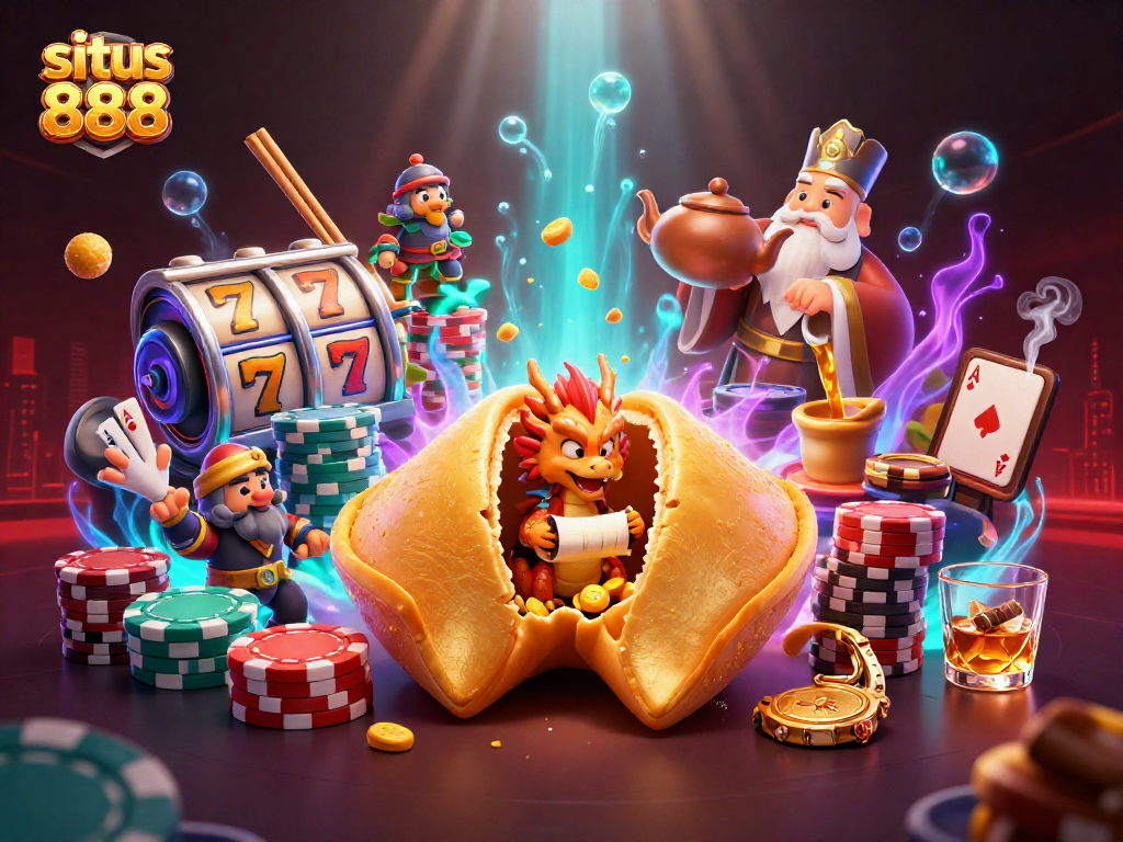 Experience the excitement of situs 888 with a packed scene of vibrant casino elements and characters.