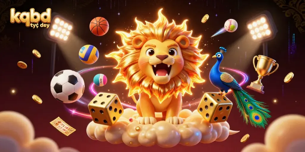 Engage with the dynamic world of kqbd trực tiếp, where a roaring lion and golden dice celebrate the thrill of live sports!