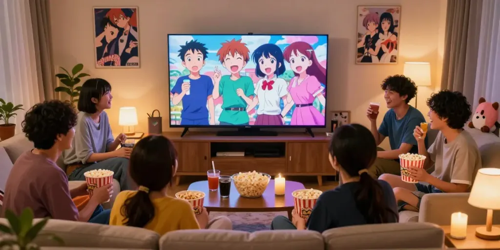 Menikmati anime bersama teman di ruang tamu dengan APK Kucing, meriah dan penuh tawa.