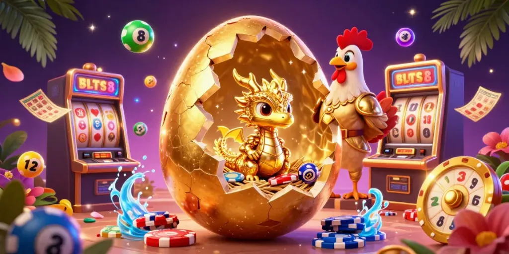 Experience the excitement of SLOTS8 with golden dragons, poker chips, and lively lottery elements.