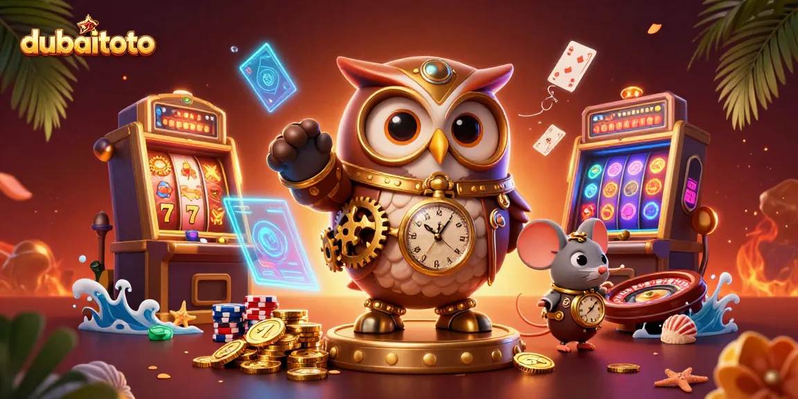 Experience the excitement of dubaitoto with a vibrant 3D casino scene featuring a time-traveling owl and steampunk elements.