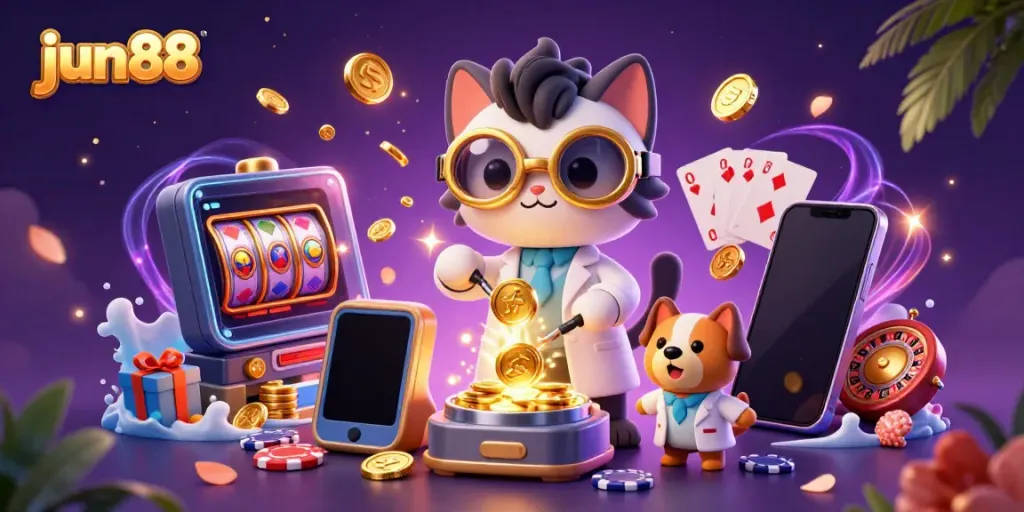 Experience the fun with jun88's vibrant casino scene, featuring a mad scientist cat and golden coins!
