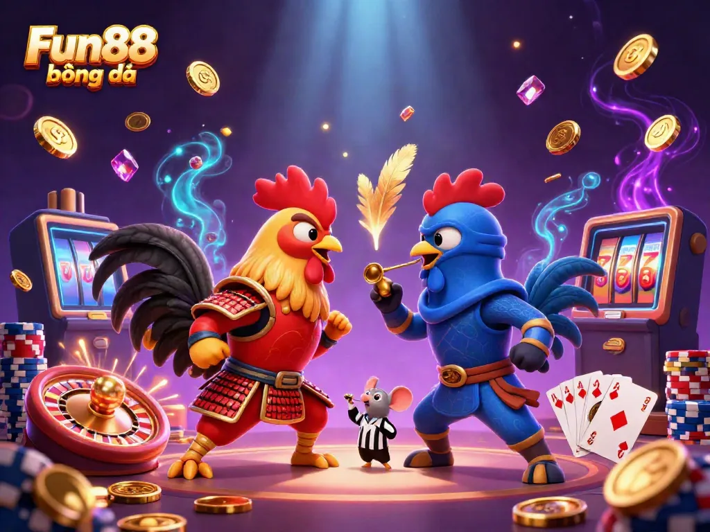 Experience the thrill of Fun88 bóng đá as cartoon roosters duel in a rich casino spectacle filled with dynamic gold coins.