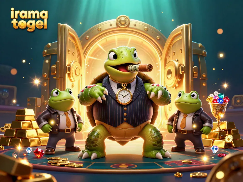 Engage with irama togel’s thrilling world featuring a 3D cartoon snapping turtle in a mobster suit surrounded by gold treasures and colorful lights.