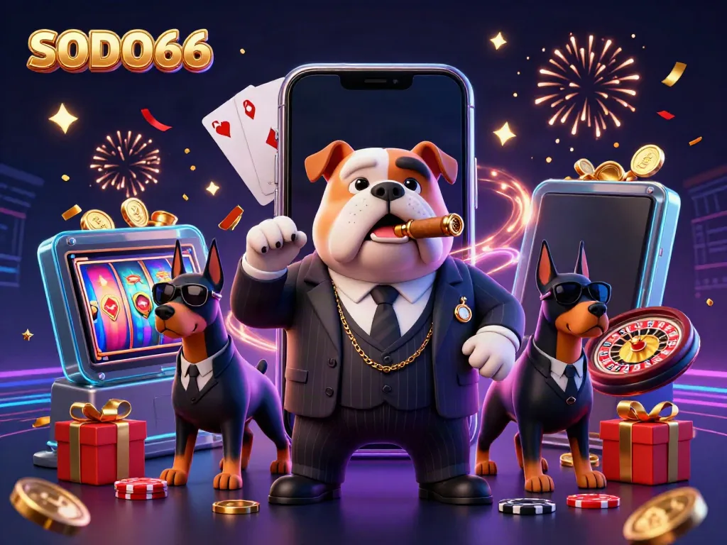 Engage with SODO66's thrilling gaming scene featuring a bulldog boss and dynamic casino elements.
