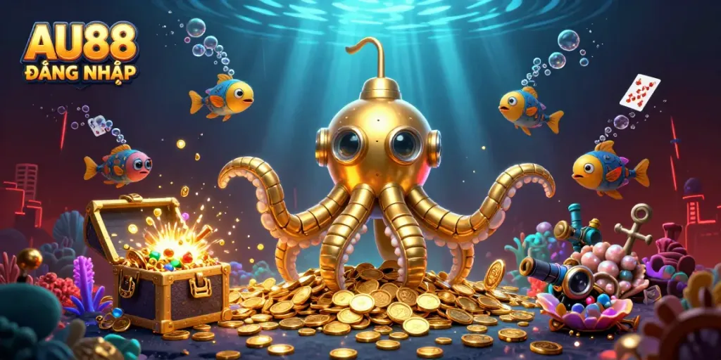 Experience thrilling gaming with AU88 ĐĂNG NHẬP, featuring an adventurous kraken submarine amidst sparkling treasures.