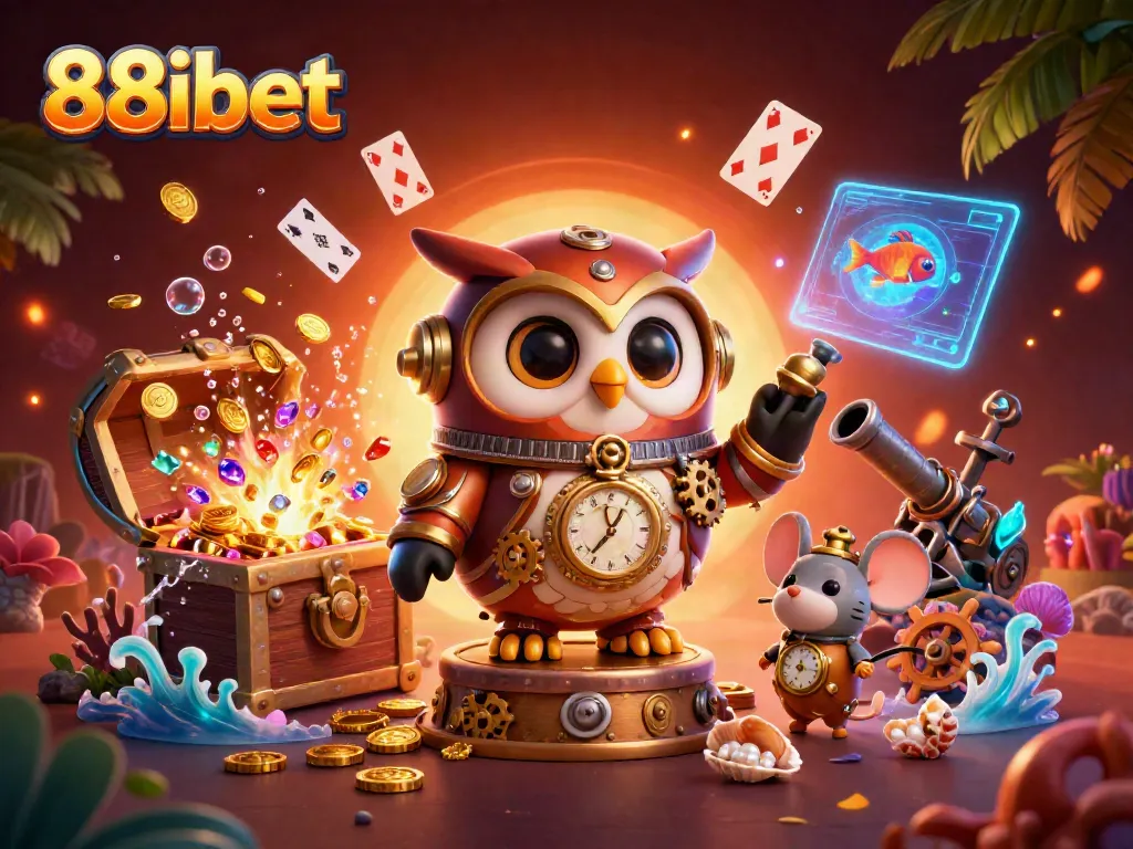 Experience the vibrant world of 88ibet with a cartoon owl and glamorous casino elements.