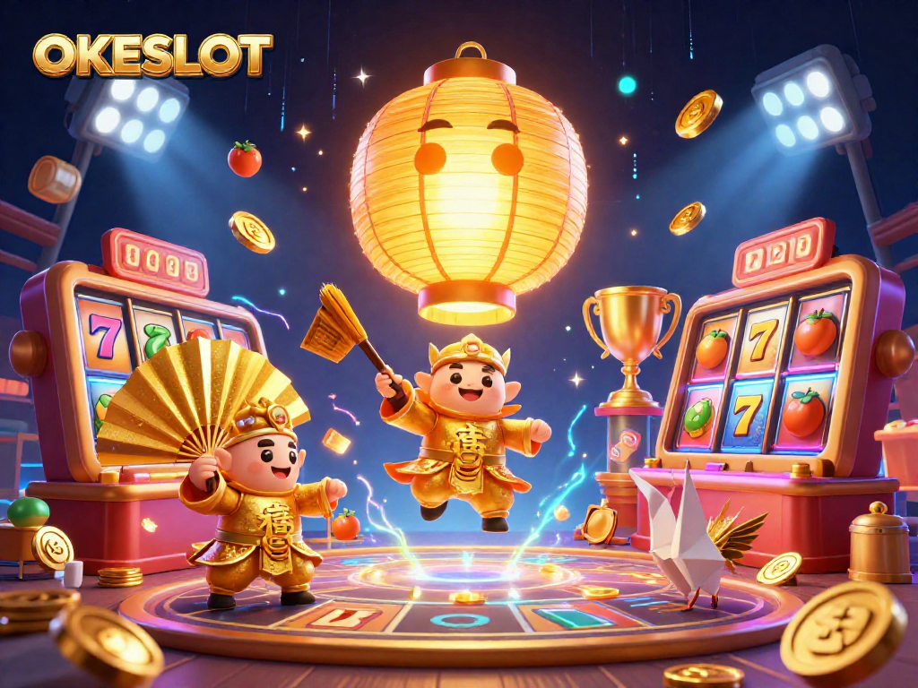 Mainkan slot di OKESLOT dengan semangat keberuntungan dalam ilustrasi kasino yang berkilau.