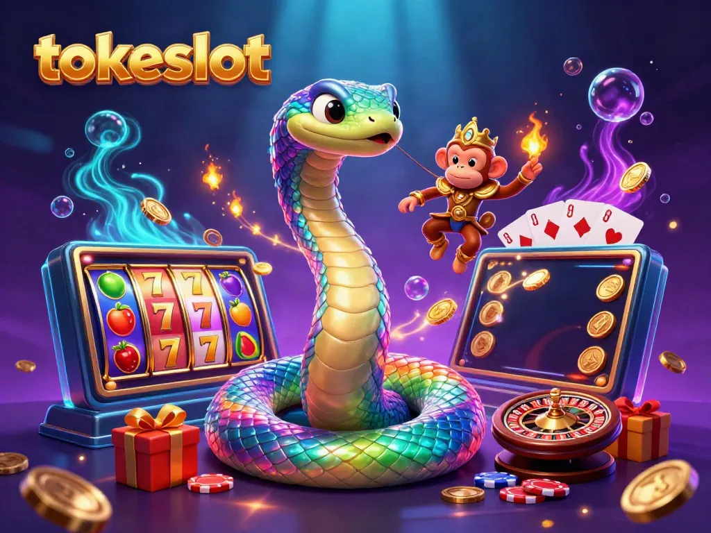 Experience the vibrant and thrilling gaming atmosphere with Tokeslot's captivating visuals featuring a 3D rainbow serpent and a playful monkey king.