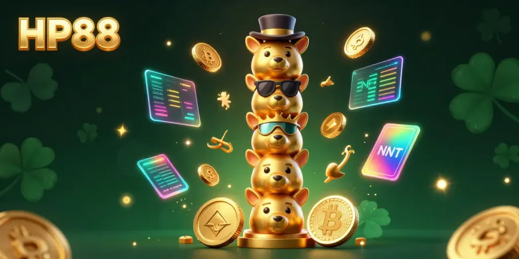Experience thrilling gaming with HP88's vibrant casino scene featuring a golden totem and dynamic cryptocurrencies.