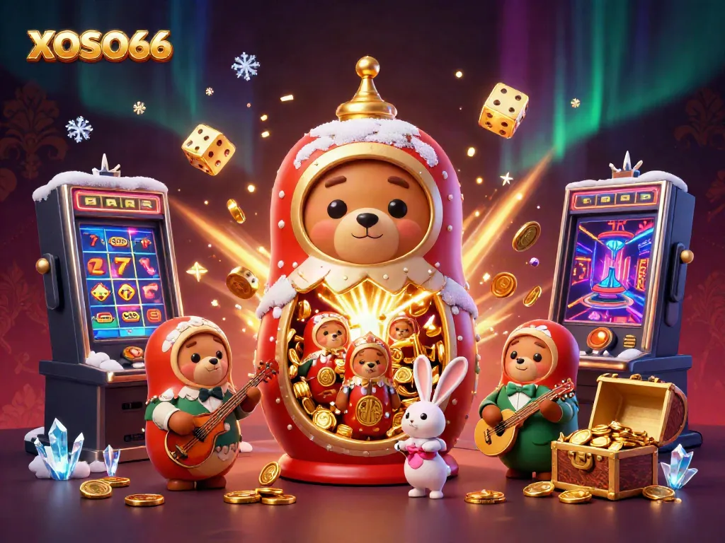 XOSO66 showcases vibrant casino action with 3D bears and jackpot elements in a dazzling digital scene.