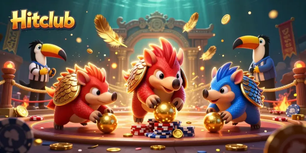 Hitclub pangolins in a vibrant casino scene, bowling through poker chips with golden confetti.