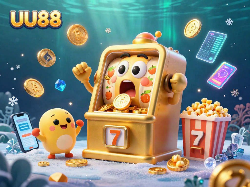 UU88 slot machine hits a jackpot surrounded by cheering baby slots and crypto coins.