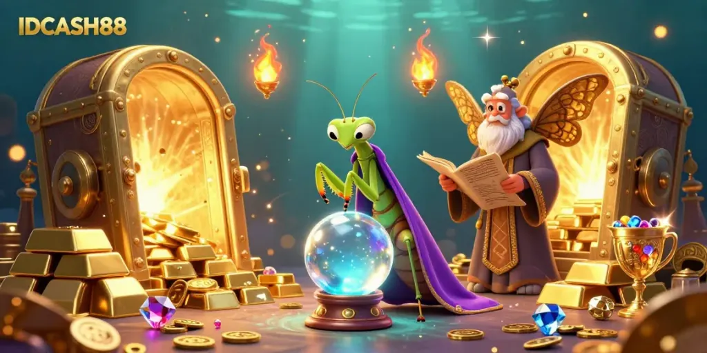 Experience thrilling gameplay with IDCASH88 in a vibrant fantasy casino scene filled with treasures and mystical creatures.